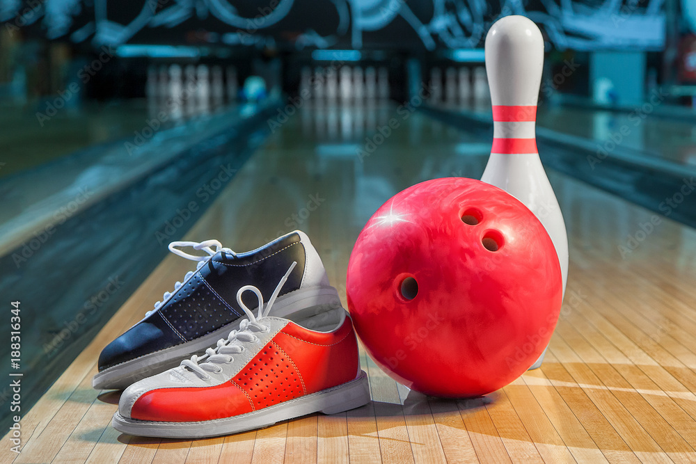 Wall mural bowling shoes and ball for bowling game on the background of the playing field