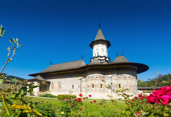 Painted church in monastic complex in Sucevita, Romania