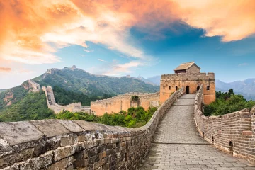 Fotobehang Chinese Muur Grote Muur van China bij de jinshanling-sectie, zonsonderganglandschap