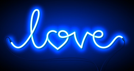 Word Love neon sign. Valentine's Day greeting card, poster, flyer or banner design element