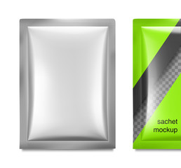 Universal mockups of blank packaging sachet. Vector illustration isolated on white background, ready and simple to use for your design. The mock-up will make the presentation look realistic possible.