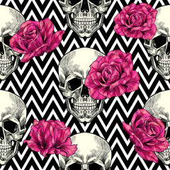 Schedel en roze rozen op een geometrische achtergrond. Vector naadloos patroon