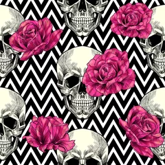 Wall murals Human skull in flowers Skull and pink roses on a geometric background.  Vector seamless pattern