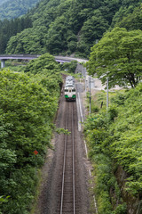 Fototapeta premium Tadami railway line in summer season at Fukushima prefecture.