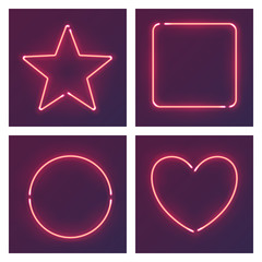 Different shape pink neon frames. Vector realistic neon star, square, circle and heart  on brick wall.