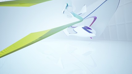 Abstract white and colored gradient glasses interior with window. 3D illustration and rendering.