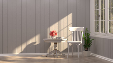 White chair and flowers in a gray room vintage style empty living room 3D rendering for the interior design beautiful house furniture set picture for copy space