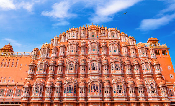 Hawa Mahal palace Jaipur Rajasthan constructed of red and pink sandstone.