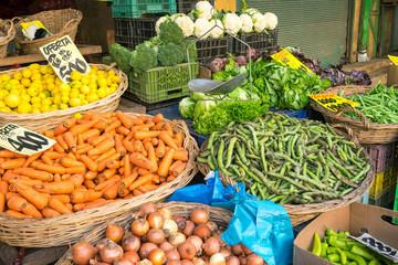 Vegetables and salad in baskets at a market in Valparaiso, Chile