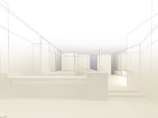 sketch design of resturant ,3d wire frame render