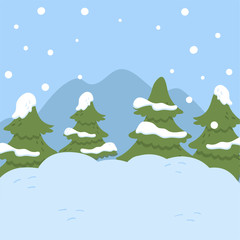 Winter landscape with fir trees, Christmas background vector Illustration