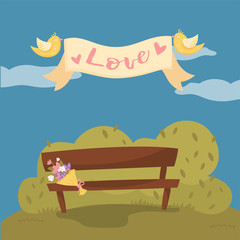 Wooden bench in the park, pair of flying birds holding ribbon banner with word Love cartoon vector Illustration, design element for poster or banner