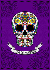 Mexican sugar skull with floral pattern, Dia de Muertos, design element for poster, greeting card vector Illustration