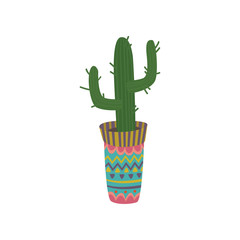 Cactus in a colorful pot with Mexican ornament cartoon vector Illustration