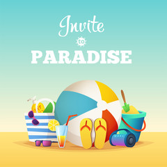 Summer Holiday typographic illustration. Beach objects and accessories on sand