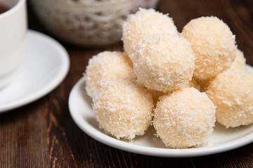 Appetizing coconut balls Lada. Vegetarian cuisine