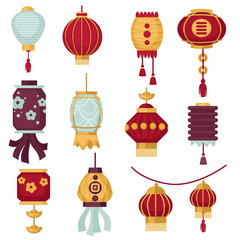 Naklejka premium Chinese paper lanterns traditional China decorations for New Year vector isolated icons with patterns