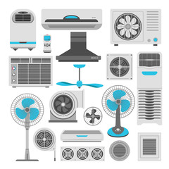 Fototapeta Air conditioners and fans or air purifiers humidifiers vector flat icons set obraz