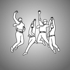 four businessmen jumping with gladness vector illustration doodle sketch hand drawn with black lines isolated on gray background. Success teamwork business concept.