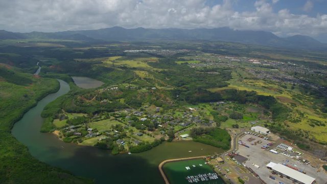 Aerial Flying Helicopter Up River in Kauai Hawaii