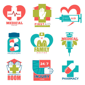 Medical cross and heart vector icons for first aid medicine or doctor hospital center