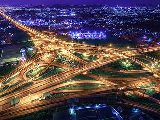 Fototapeta na wymiar aerial view of express way intersection on industrial estate area for logistics and transportation services from source to destination, Laem Chabang port, Thailand
