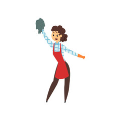 Woman cleaning house with rag. Professional cleaner in maid uniform red apron, brown pants, checkered blouse and rubber gloves. Domestic worker. Flat vector design