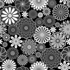 Black and white circle daisy flowers natural seamless pattern, vector