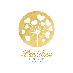 Original logo design of dandelion flower. Natural label with golden detailed texture. Abstract vector element for beauty salon, fashion boutique, spa or wellness center