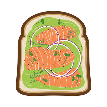 Avocado toast with salmon, dill, red onions and pea sprouts. Vector illustration of healthy, fresh open faced sandwich. 