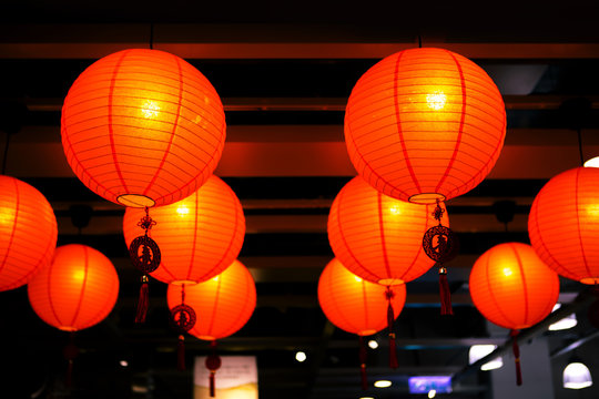 Chinese New Year, traditional decoration, red oriental lanterns,