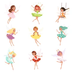 Fototapeten Collection of little fairies. Magical creatures from fairy tale. Cartoon girls characters with colorful hair and wings. Vector for kids book, sticker, print or postcard © topvectors