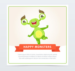 Cute happy funny green monster jumping on one leg, happy monsters banner cartoon vector element for website or mobile app