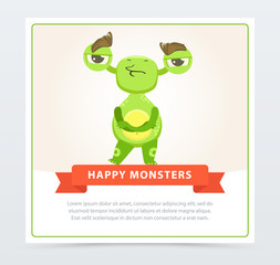 Cute skeptical funny green monster standing with folded hands, happy monsters banner cartoon vector element for website or mobile app