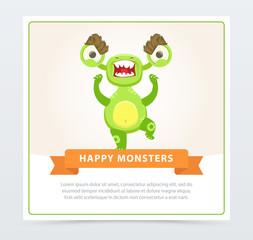 Cute funny angry green monster, happy monsters banner cartoon vector element for website or mobile app