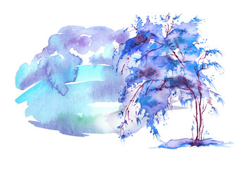 Blue, purple tree, bush watercolor.  On an isolated white background. Blue abstract spot, blot, splash. Ecological abstract art illustration. watercolor landscape. Postcard, card.