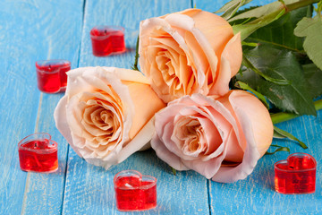 three beige rose with candles in the shape of heart on a blue wooden background