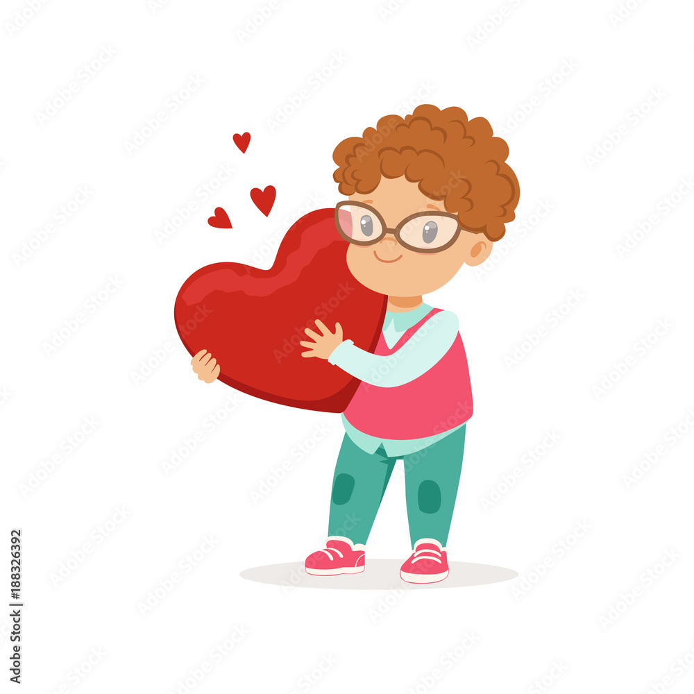 Poster Cute little boy in glasses holding red heart, Happy Valentines Day concept, love and relationships vector Illustration