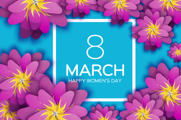 Bright Pink Origami Spring Banner. Paper cut Exotic Tropical Floral Greetings card. Spring blossom. Square ribbon frame. Happy Women's Day. 8 March. Text. Seasonal holiday on sky blue. Trendy decor.
