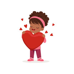 Lovely little african american girl holding red heart, Happy Valentines Day concept, love and relationships vector Illustration