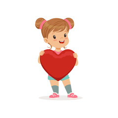 Sweet little girl holding red heart, Happy Valentines Day concept, love and relationships vector Illustration