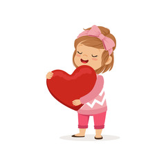 Obraz premium Happy lovely little girl holding red heart, Happy Valentines Day concept, love and relationships vector Illustration
