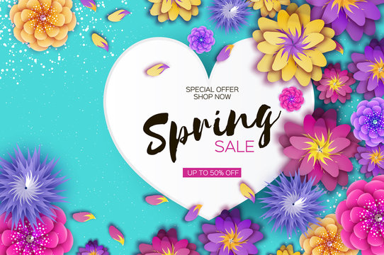 Bright Origami Spring Sale Flowers Banner. Paper cut Exotic Tropical Floral Greetings card. Spring blossom. Love Heart frame. Happy Women's Day. 8 March. Text. Seasonal holiday on blue. Trendy decor.