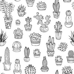 Vector seamless pattern of hand-drawn doodles cacti and succulents.