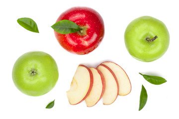 red and green apples with slices and leaves isolated on white background top view. Set or collection. Flat lay pattern