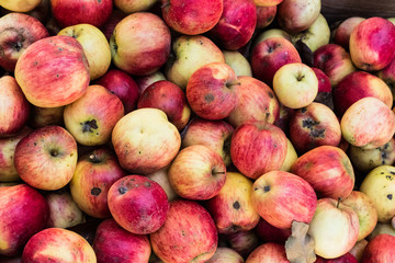 fresh colorful apples in a wooden box on market at daytime