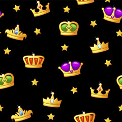 Seamless cartoon pattern with king crown icons. Assets for game design