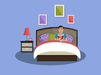 A man is reading a book in bed. Interior of the bedroom. Vector illustration.