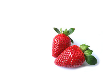 Pair of vibrant red fresh ripe strawberry fruits isolated on white background with free space for text or design 