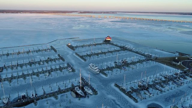 Aerial View Of The Frozen Choptank River Lighthouse And Marina Cambridge Maryland